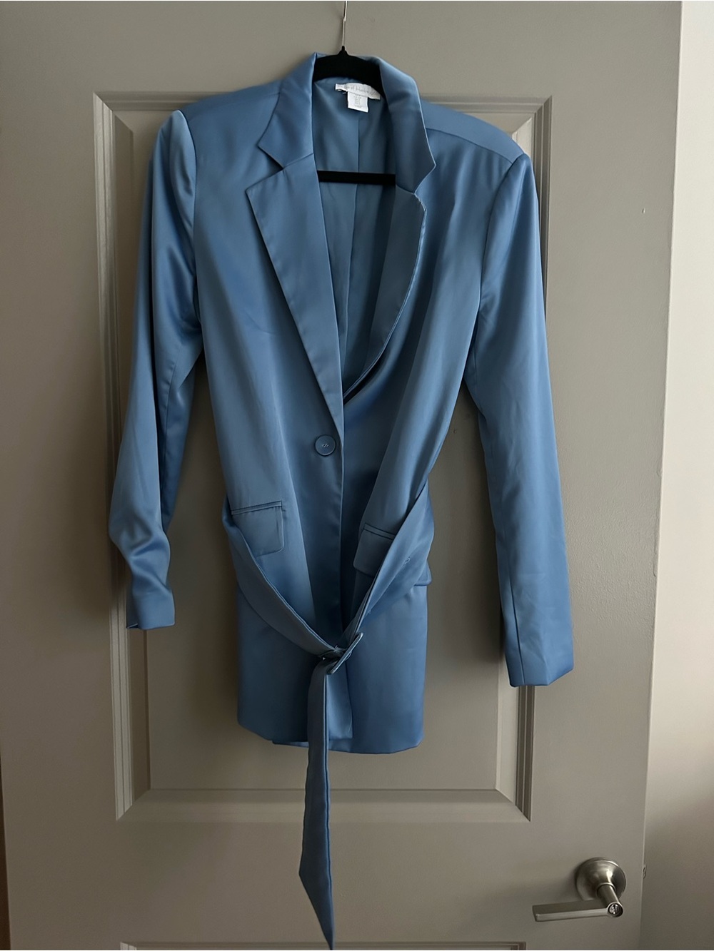 House of Harlow 1960 Dusty Blue Satin Long Blazer with Waist Tie